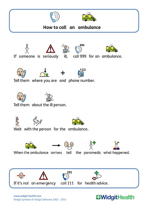 Symbol supported instructions on how to call for an ambulance. Created with Widgit Symbols.  #Widgit #Communication #Accessibility #Inclusion #Healthcare Widgit Online, Widgit Symbols, Justice Symbol, Communication Book, Health Symbol, First Response, Online Apps, Communication Tools, Social Stories