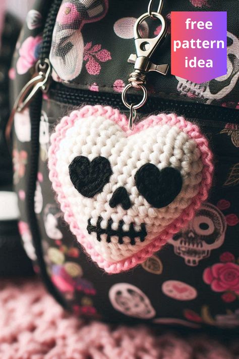 Create a unique crochet heart skull keychain with this easy-to-follow pattern. Perfect for personalizing bags or as a fun handmade gift! Crochet Sugar Skull Pattern Free, Cute Keychain Crochet, Crochet Skull Patterns, Heart Skull, Amigurumi Keychain, Beaded Items, Crochet Skull, Heart Crochet, Keychain Crochet