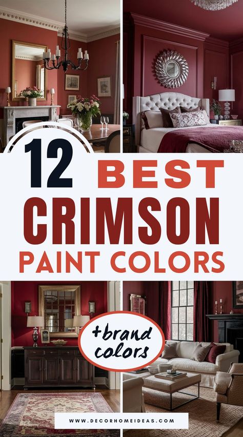 Discover the 12 best crimson paint colors to add warmth and vibrancy to your space, featuring top selections from Benjamin Moore, Sherwin-Williams, Behr, and Farrow & Ball. From deep, dramatic reds to softer, rich crimson shades, this guide helps you find the perfect hue to make any room pop. Benjamin Moore Garrison Red, Royal Garnet Valspar, Benjamin Moore Wine Paint Colors, Sherwin Williams Borscht, Cordial Sherwin Williams, Sw Sundried Tomato Paint, Sherwin Williams Antique Red, Framboise Sherwin Williams, Crimson Red Color Palette