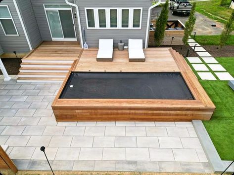 Built In Swim Spa, Swimspa Decking, Stone Pool Deck, Pool Warmer, Cocktail Pool, Deck Inspiration, Paver Deck, Safe Pool, Multi Level Deck