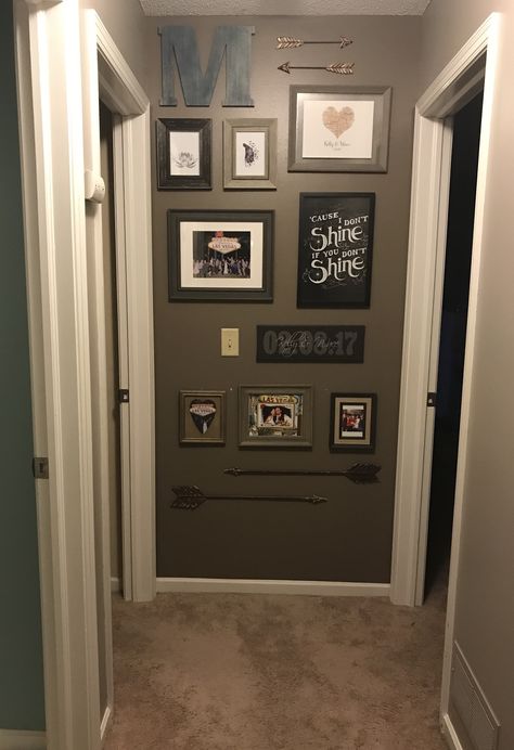 End of hallway wedding picture collage. How To Decorate The End Of A Hallway, End Of Hallway Picture Wall, Small Hallway Wall Decor Ideas, End Of The Hallway Ideas, Mixtiles Hallway, End Hallway Decor, Picture Hallway Ideas, End Of The Hallway Decor, Corner Wall Gallery