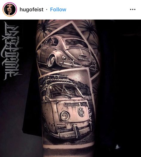 Classic Car Tattoo Sleeve, Volkswagen Van Tattoo, Vw Tattoo Ideas, Volkswagen Tattoo, Polaroid Tattoo, Vw Tattoo, Collage Tattoo, Tattoo Perna, Neo Tattoo