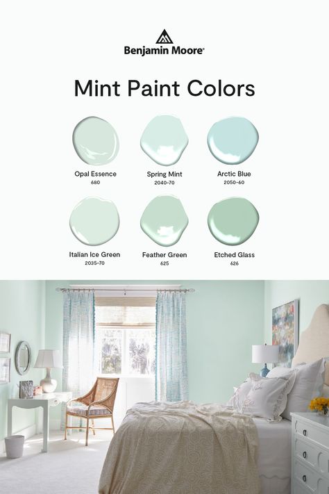 Check out these spring-ready hues that will feel "mint" to be. Mint Green Paint Walls Bedrooms, Mint Blue Bedroom Ideas, Mint Color Room Ideas, Pale Mint Paint Color, Light Seafoam Walls Paint Colors, Mint Bedroom Aesthetic, Benjamin Moore Mint Green Paint Colors, Best Mint Green Paint Color, Mint Walls Living Room