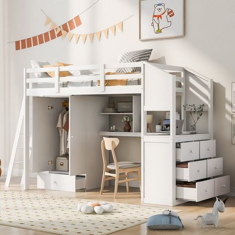 Muebles Aesthetic, Vanity Desks, Loft Bed With Wardrobe, Drawer Bookshelf, Wood Loft Bed, Trundle Bed With Storage, Desk Wardrobe, Bed With Wardrobe, Desk With Shelves