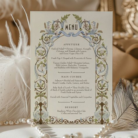 Step into the golden age of the Victorian era with this regal wedding menu card. Intricately designed with intertwined greenery and florals emblematic of Victorian artistry, this card reserves a special place for your details. The Victorian epoch was an age of romance, refined tastes, and aesthetic prowess, and elements echoed in this design. Opting for a Victorian-themed wedding means cherishing tradition, nostalgia, and the grandeur of yesteryear royal celebrations. Let this card transport you Victorian Era Party, Victorian Age Aesthetic, Victorian Party Theme, Victorian Era Aesthetic, Victorian Party, Watercolor Menu, Regal Wedding, Wedding Brand, Venue Inspiration