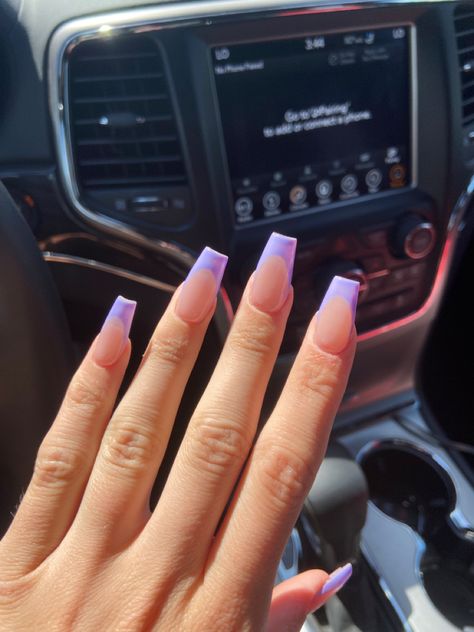 Cute Full Set Nails Acrylics, Lavender French Tips Coffin, Light Purple Coffin Nail Ideas, Lilac French Tip Nails Coffin, Coffin Acrylic Nails Purple French Tip, Light Purple French Tip Nails Coffin, Purple Acrylic French Tip Nails, Purple Coffin French Tip Nails, Lilac French Tip Nails Square