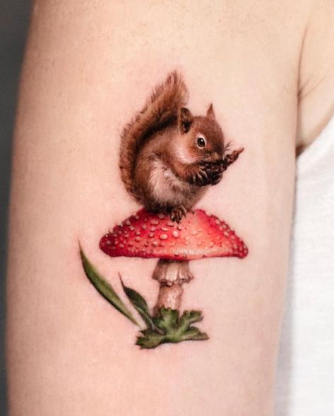 A realistic squirrel on a mushroom Teardrop Tattoo, Squirrel Cute, White Rabbit Tattoo, Squirrel Tattoo, Mushroom Tattoo, Christian Tattoo, Mother Nature Tattoos, Cute Tattoo, Squirrel Art