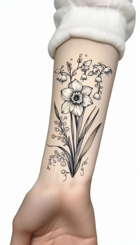 🌼✨ Daffodil & Lily of the Valley Fine Line Tattoo ✨🌿 Daffodil Floral Tattoo, Fine Line Dogwood Tattoo, Dogwood Tattoo, Daffodil Tattoo, Dot Tattoos, Fine Line Tattoo, Line Tattoo, Favorite Flower, Nature Tattoos