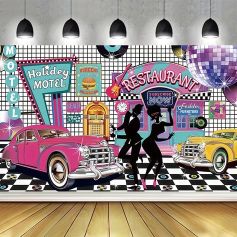 Faster shipping. Better service 1950s Party Decorations, Jukebox Vintage, 50s Party Decorations, Rock And Roll Party, 50s Theme Parties, Cake Smash Backdrop, Retro Diner, Party Flags, Party Rock