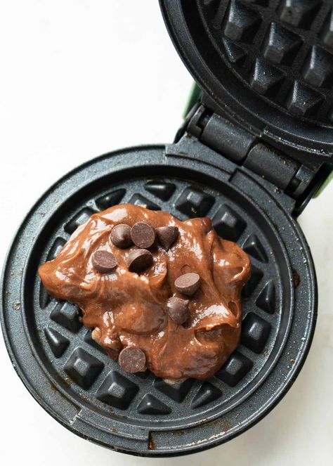 brownie waffle batter in a dash mini waffle maker Dash Mini Waffle Maker Recipes Healthy, Cookie Dough In Mini Waffle Maker, Single Waffle Maker Recipes, Dash Mini Recipes, Mini Waffle Iron Recipes Easy, Dash Mini Griddle Cookie Recipe, Belgian Waffle Iron Recipes, Mini Dash Recipes, Small Waffle Maker Recipes