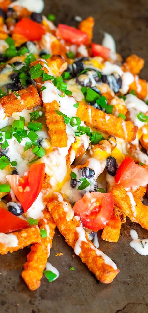 Sweet Potato Cheese, Mexican Sweet Potato, Mexican Fries, Loaded Baked Sweet Potato, Sweet Potato Fries Recipe, Mexican Sweet Potatoes, Nacho Fries, Sweet Potato Recipes Fries, Nachos Recipe Easy