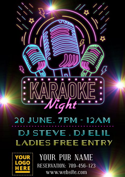 Karaoke Poster Design Flyer Template, Karaoke Night Party, Karaoke Poster Design, Karaoke Flyer Design, Karaoke Invitations, Karaoke Night Poster, Karaoke Night Flyer, Neon Light Design, Karaoke Poster