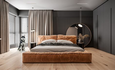 HUSKY apartment on Behance Bright Decor, Contemporary Furniture Design, Modern Bedroom Design, Bedroom Layouts, Mirror On The Wall, Furniture Layout, Home Room Design, Luxurious Bedrooms, 인테리어 디자인