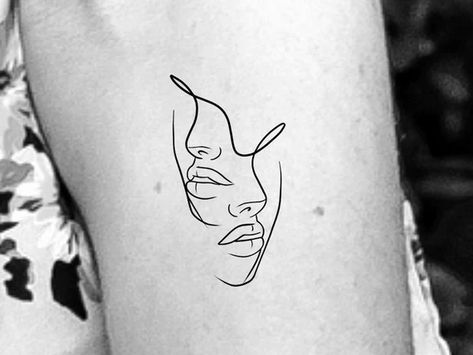 Face Of A Woman Tattoo, Double Faced Tattoo, Face To Face Tattoo, 2 Faces Tattoo Line, Single Line Face Tattoo, 2 Faced Tattoo, Tattoo Of A Face, One Line Tattoo Woman, Fine Line Face Tattoo