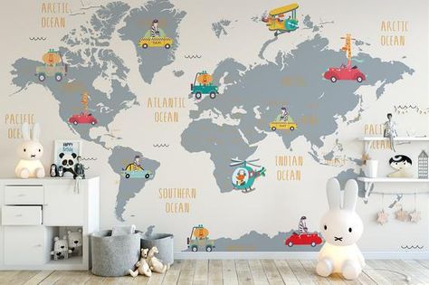 Wallpaper World Map, Map Cartoon, Silhouette Wallpaper, Bedroom Wallpaper Murals, Girls Room Wallpaper, Map Wall Mural, Kids World Map, Maps For Kids, World Map Wallpaper