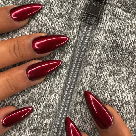 Red Chrome Nails: 37+ Designs That Will Turn Heads - Nail Designs Daily Classy Red And Gold Nails, Mettalic Red Nails, Crimson Chrome Nails, Metalic Red Nail, Wine Red Nails Chrome, Dark Red Shiny Nails, Dark Red Chrome Nails Designs, Res Chrome Nails, Wine Nails Chrome