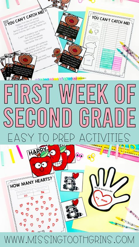 Planning for the first week of school can be tricky! Check out these easy to prep activities and done for your lesson plans to make planning the first week of second grade easy! Each of these fun activities will help you welcome your 2nd grade students back to school. Use these tips to help you get to know your students, introduce routines, and practice math and reading skills. Plus, get ideas for read alouds to go along with each activity! Learn more here! First Week Math Activities 2nd Grade, 2nd Grade After School Activities, 2nd Week Of School Activities, 2nd Grade Portfolio Ideas, First Week Activities For 2nd Grade, 2nd Grade Get To Know You Activities, Grade 2 Back To School Activities, First Week Of School Lesson Plans, Grade 2 First Week Of School