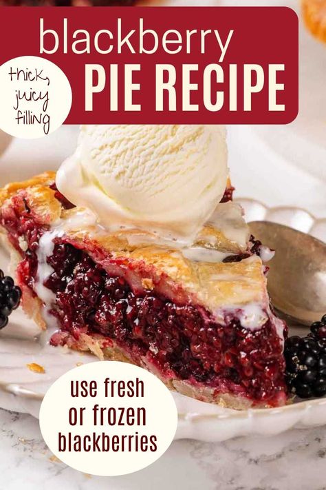 A Blackberry Pie filled with juicy, thick blackberry filling. Baked in a flakey butter pie crust, this thick filling has a hint of lemon! Sliceable pie made with fresh or frozen blackberries! At home at a Summer picnic, a garden party or even Thanksgiving! Use frozen berries and a store-bought pie crust for an easy treat! Serve with a scoop of vanilla ice cream this holiday! Crisco Pie Crust, Blackberry Pie Recipe, Blackberry Filling, Butter Pie Crust, How To Freeze Blackberries, Homemade Pie Crust, Blackberry Pie, Easy Treat, Frozen Berries