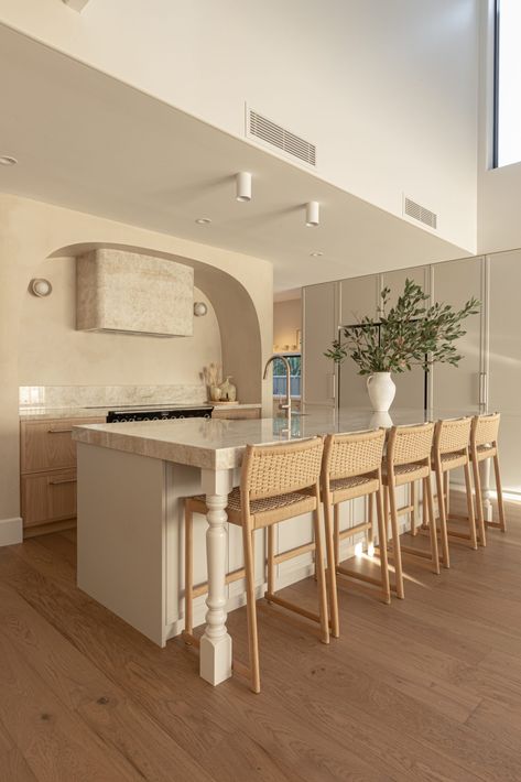 Kitchen | Bay Builds H1 - Kyal & Kara : Kyal & Kara Mediterranean Holiday, Kyal And Kara, Coastal Mediterranean, Coastal Farmhouse Kitchen, Curved Kitchen, Engineered Timber Flooring, Lake House Kitchen, Beaumont Tiles, French Interiors