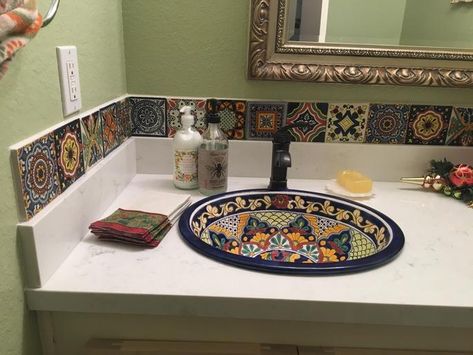 Great ideas for remodeling and decorating your bathroom or powder room using Mexican tile and sinks Mexican Sinks Bathroom, Spanish Bathroom Hacienda Style Mexican Tiles, Mexican Powder Room, Mexican Tiles Bathroom, Mexican Style Bathrooms, Mexican Tile Bathroom Ideas, Talavera Sink Bathroom, Mexican Restroom Ideas, Modern Mexican Bathroom Ideas