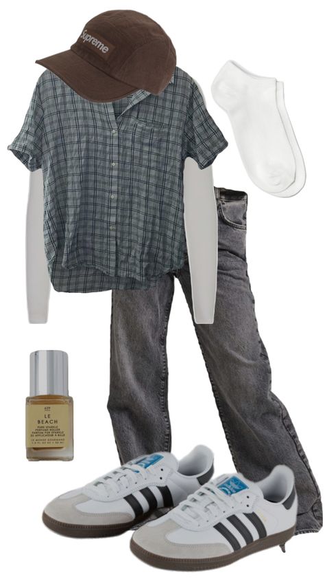 an outfit related to a dad fit or fisherman fit Gray Baggy Pants, Outfit With Flannel, Sambas Outfits, Flannel Fits, Samba Outfit, Brown Fits, Flannel Pants, Brown Hats, Baggy Pants