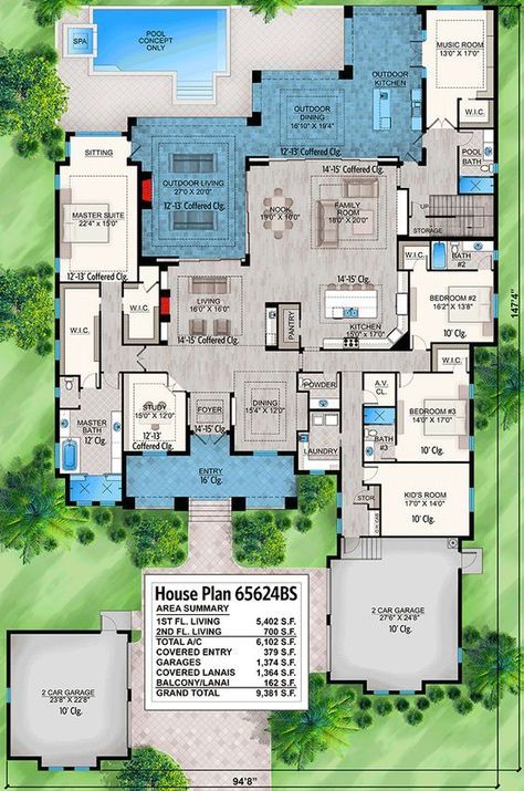 6-Bed Florida-style Home Plan for Indoor Outdoor Lifestyles - 65624BS | Architectural Designs - House Plans Five Bedroom House Plans Two Story, 6 Bedroom House Plans Single Storey, Florida Style Homes, Dream House Layout, 6 Bedroom House Plans, Sitting Nook, Florida House Plans, Luxury Floor Plans, Stucco Homes