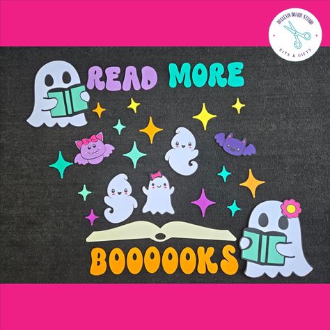 Halloween Bulletin Board Kit, Library Teacher Bulletin Board Kit, Reading Teacher Bulletin Board Kit, Read More Books Bulletin Board Kit FEATURES: Handmade Kit includes: 🟣2 Ghosts holding books: 10.42" x 11.5" each 🟣1 Vampire Bat: 7" x 4.8" 🟣1 Bat: 7" x 3.4" 🟣2 Ghosts: 5.68" x 7.53" each 🟣1 Ghost with bow: 5.42" x 7.26" 🟣1 Book: 23.49" long 🟣14 Sparkles 🟣16 Letters spelling "Read More Boooooks" 4" each Materials: 🟣65 lb Cardstock 🟣Glue Dots Note: The color may vary depending on the color of the paper I have available ⭐I recommend that if able, to laminate the pieces to extend the life of the kit. We do not laminate.  Shipping:  We are dedicated to shipping your order as quickly as possible! Your order will ship out in 2 - 3 business days. International Shipping Times will vary Re Halloween Bulletin Boards Library, Welcome To The Library Bulletin Board, Books Bulletin Board, Phonics Bulletin Board, Literacy Bulletin Boards, October Bulletin Board, 2 Ghosts, Book Bulletin Board, October Bulletin Boards