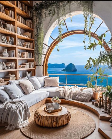 Beautiful library lounge bookshelves, ocean water view Beach House Library, Cottage House Design, Beach Library, Villa By The Sea, Dream Interior, Casa Country, Home Library Design, Desain Furnitur Modern, Fantasy Homes