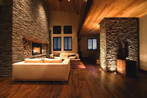 Stone Wall Living Room, Stone Wall Interior Design, Recessed Lighting Living Room, Wc Decoration, Stone Walls Interior, Stone Wall Design, Minimalist Living Room Design, Natural Stone Wall, Living Room Tiles