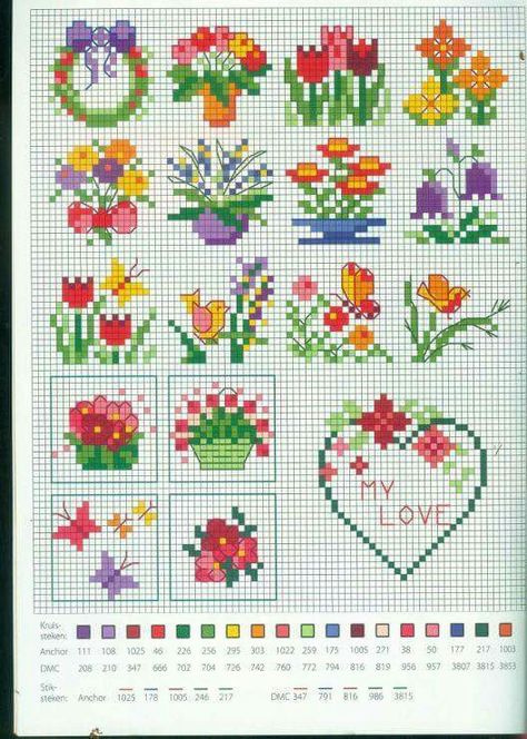 Flowers And Hearts, Floral Cross Stitch Pattern, Tiny Cross Stitch, Cross Stitch Collection, Small Cross Stitch, Pola Kristik, Cross Stitch Patterns Flowers, Mini Cross Stitch, Pola Sulam