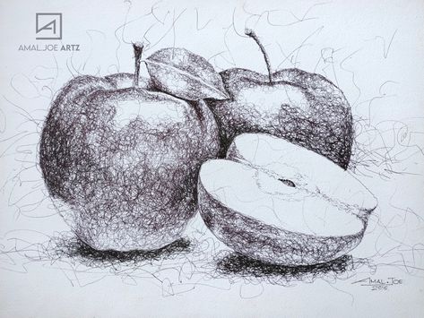 Black ballpoint pen scribble artwork of apples on Indian handmade paper. Artist Amal Joe Fernandez Scribble Drawing Sketches, Drawing Ballpen, Ballpen Art, Posture Drawing, Art Scribble, Scribble Drawings, Apple Sketch, Charcoal Artwork, Sun Drawing