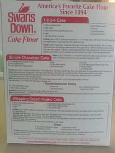 Swans Down Cake Flour recipes: 1-2-3-4 Cake; Simple Chocolate Cake; Whipping… Swans Down Cake Flour Recipes, Flour Recipes Easy, Cake Flour Recipes, Pineapple Upside Down Cake From Scratch, 1234 Cake, Whipping Cream Pound Cake, Cake Flour Recipe, Low Fat Cake, Swans Down Cake Flour