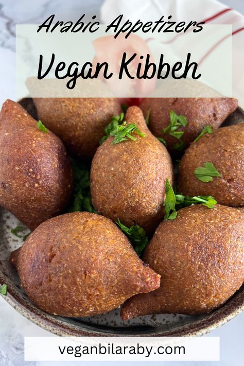 Vegan kibbeh recipe with bulgur dough and stuffed with spiced vegan mince, it's crispy from the outside and meaty from the inside just the perfect addition to any vegan mezze platter. Vegan Arabic Recipes, Vegan Kofta Recipes, Vegan Arabic Food, Vegan Lebanese Recipes, Vegan Bulgur Recipes, Vegan Middle Eastern Recipes, Vegan Lebanese Food, Vegan Mezze Platter, Vegan Kibbeh Recipe