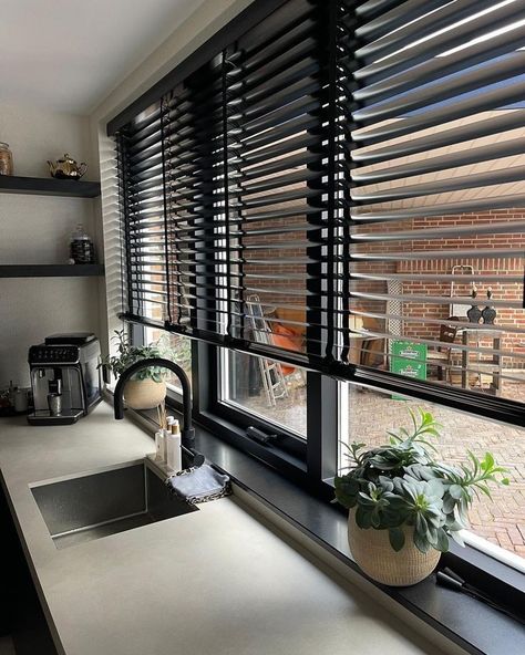 Elegant Window Treatments, Modern Kitchen Window, Blinds For Windows Living Rooms, Black Blinds, Living Room Layout, Living Room Designs Small Spaces, Dining Room Combo, Living Room Partition Design, Room Partition Designs