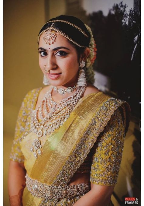 1 Gold Bridal Kanjeevaram - 4 Blouse Options To Choose From Pearl Matha Patti Bridal, Yellow Saree Bride, Yellow Silk Saree Wedding, Yellow Bridal Saree, Indian Bride Jewellery, Telugu Jewellery, Indian Drapes, South Indian Bride Jewellery, Hairstyle 2022