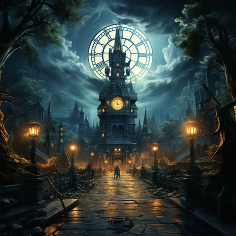 Clock tower in a dark environment, center. Clock displayed. Tall tower, surrounded by dark forest. Street lamp on left illuminating. Foreground: black car close-up. Visible body, and a prominent door handle. Person walking down dark path. Fantasy Clock Tower, Clock Tower Aesthetic, Normal Background, Person Walking, Dark Environment, Big Clock, Brace Face, Messi Photos, Game Environment