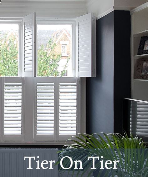 Tier On Tier Window Shutters Tier On Tier Shutters, Window Shutter Blinds, White Shutter Blinds, Large Windows Living Room, Shutters For Windows, Cafe Style Shutters, Door Treatments, Small Bedroom Layout, White Shutters