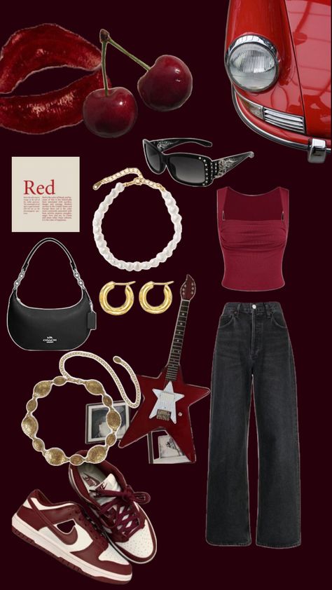 Cherry Grunge Outfit, Cherry Red Clothes, Cherry Red Outfit, Dark Red Cherry, Cherry Core, Red Vibe, Red And Black Outfits, Grunge Outfit, Vintage Outfit