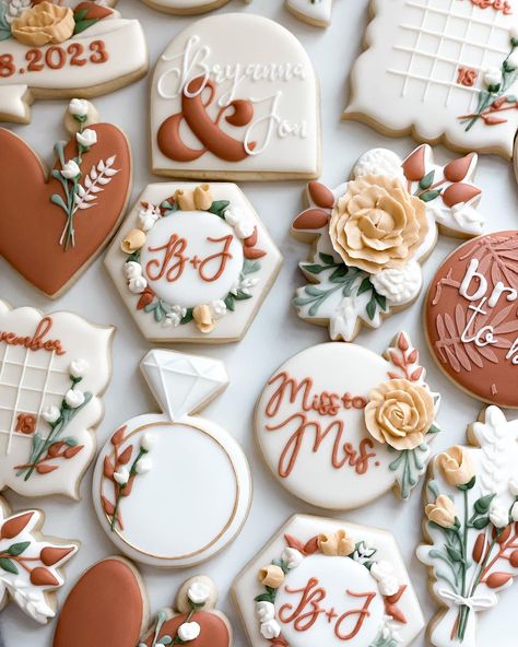 Jess Linstra | Fall florals, yes please 🍂 #cookies #njcookies #decoratedsugarcookies #cookiesofinstagram #floralcookies #fallcookies #bridalshowercookies | Instagram Bridal Shower Decorative Cookies, Brunch Bridal Shower Cookies, Wedding Theme Cookies, Mr And Mrs Cookies Decorated, Fall Wedding Shower Cookies, Just Married Cookies, Friendsgiving Cookies Decorated, Wedding Cookies Decorated Rustic, Iced Wedding Cookies