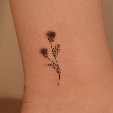 Small Thistle Tattoos For Women, Thistle Ankle Tattoo, Fineline Thistle Tattoo, Fine Line Scottish Thistle Tattoo, Dainty Thistle Tattoo, Minimalist Thistle Tattoo, Delicate Thistle Tattoo, Scotland Flower Tattoo, Thistle Bouquet Tattoo