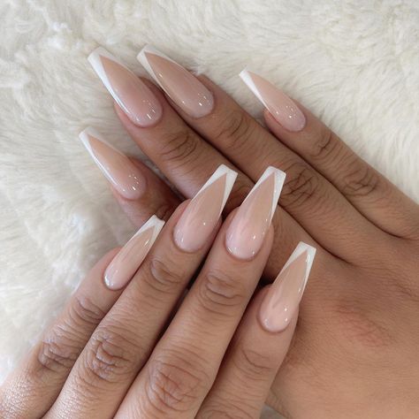 Tapered Coffin French Tip Nails, Acrylic V French Tip Nails, V French Nails Coffin, Elegant Ballerina Nails, Fiancé Nails, Nagel Inspo Ballerina, Nail Inspiration Ballerina, French Tip Nails Ballerina Shape, French Manicure Coffin Shape