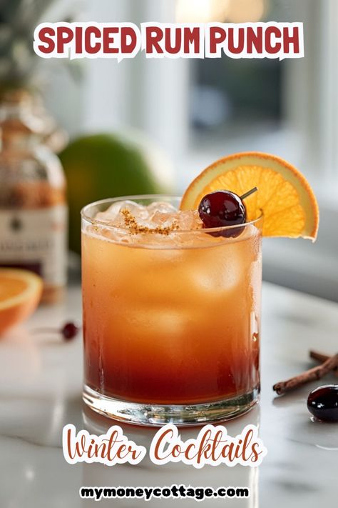 Bring a burst of festive flavor to your holiday celebrations with a Spiced Rum Punch! 🍹✨ This vibrant cocktail blends dark rum with a medley of fruit juices like pineapple and orange, all infused with warming spices such as cinnamon and cloves and a dash of spiced rum. Garnished with fresh fruit slices and a cinnamon stick, it's perfect for holiday parties or cozy gatherings. Enjoy the rich, tropical flavors and the warm, inviting spirit of this seasonal punch! #WinterCocktails #SpicedRumPunch #FestiveDrinks #HolidayCheers #SeasonalFlavors Honey Rum Cocktails, Cinnamon Rum Drinks, Rum Punch Mocktail, Orange Cinnamon Cocktail, Black Spiced Rum Drinks, Rum Orange Juice Cocktails, Spiced Rum Sangria, Spiced Rum Drinks Recipes, Drinks Made With Spiced Rum