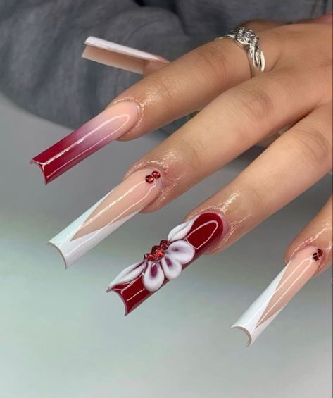 Xxl Red Acrylic Nails, Birthday Nails Red And White, Red Xl Nails, White Nails With Red Rhinestones, Latina Nails Red, Red Tapered Square Nails, Red Exotic Nails, Baddie Nail Art Designs, Red Square Acrylic Nails