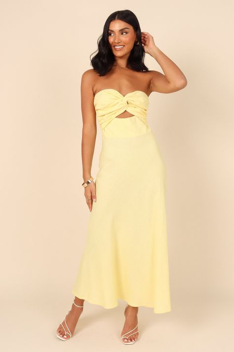 Petal And Pup, Yellow Maxi, Strapless Sweetheart Neckline, Usa Dresses, Twist Knot, Dresses By Length, Midi Length Dress, Guest Outfit, Peek A Boo