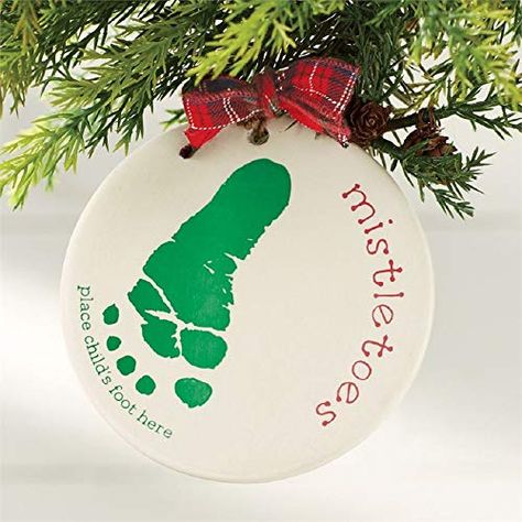 Mud Pie Mistletoes Ornament Kit Mistletoes Footprint Craft, Mistletoe Footprint, Baby Christmas Crafts, Baby Footprint Art, Tartan Ribbon, Grandpa Christmas, Footprint Crafts, Fun Christmas Crafts, Footprint Art