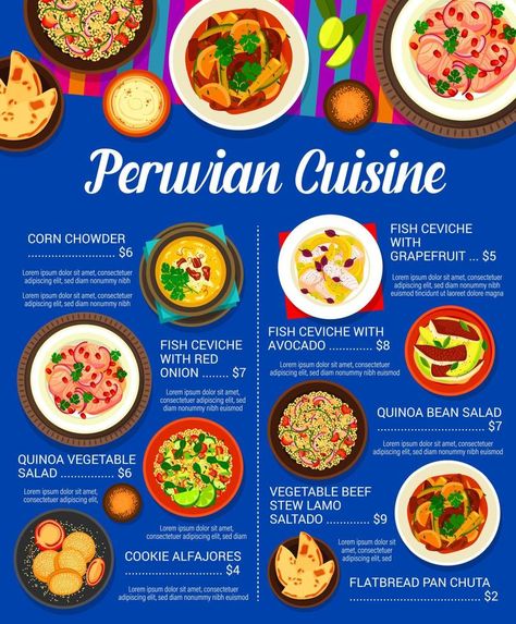 Peruvian cuisine menu, fish, meat, vegetable food Quinoa Bean Salad, Peruvian Cuisine, Peruvian Food, Peruvian Recipes, Corn Chowder, Anime Food, Bean Salad, Ceviche, Food Menu