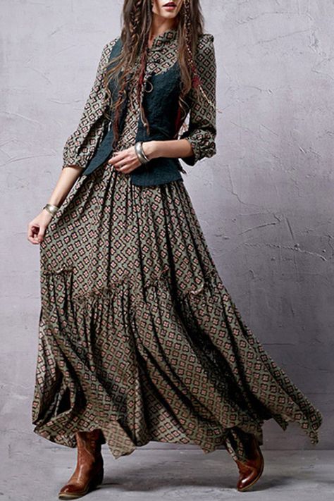 Green Bohemian Dress, Bohemian Dress Formal, Look Boho Chic, Stand Neck, Robes Vintage, Maxi Rok, Bohemian Dresses, Vintage Floral Dress, Flowing Dresses