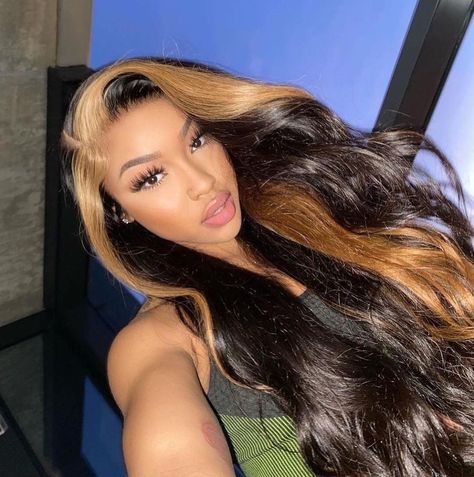 HD LACE WIGS (@slovehair.com_official) posted on Instagram • Mar 20, 2021 at 12:03am UTC Two Color Lace Front Wigs, Black With Blonde Skunk Stripe, Jet Black Hair With Skunk Stripe, Black Hair With Blonde Highlights Wig, Body Wave Highlight Wig, Caramel Skunk Stripe Hair, Blonde Streak In Front Of Hair Black Women, Black With Blonde Highlights Wig, Honey Blonde Underneath Black Hair