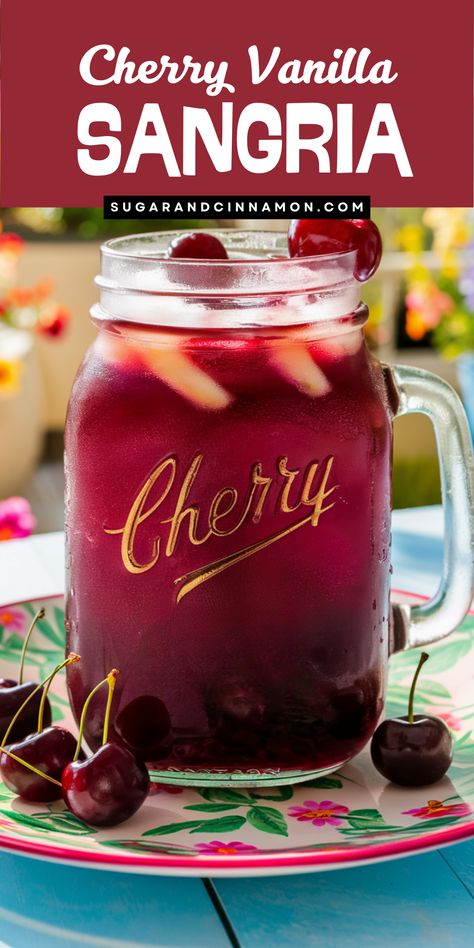 🍒🥂 Elevate your cocktail game with Cherry Vanilla Sangria! A fusion of fresh cherries and vanilla-infused white wine creates a drink that's both refreshing and sophisticated. Perfect for any occasion! Get the full recipe and save this pin to make sure you never miss out on this tasty treat! Mexican Sangria Recipes, Fruity Drinks With Alcohol, Sangria Recipes Easy, Drink Competition, Sweet Sangria Recipe, Smirnoff Drinks, Autumn Beverages, Starbucks Vanilla Bean Frappuccino, Fruity Sangria