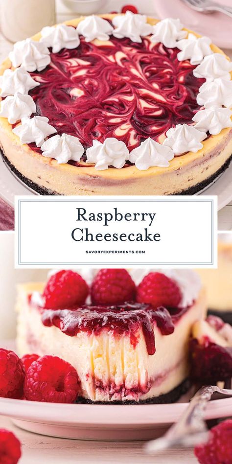 In this EASY Raspberry Cheesecake, drizzles of sweet raspberry sauce mingle beautifully with the velvety, sweet, and subtly tangy cheesecake! Raspberry Sauce For Cheesecake, Raspberry Cheesecake Recipes, Easy Raspberry Cheesecake, Beautiful Cheesecake, Rasberry Cheesecake, Cheesecake Topping, Raspberry No Bake Cheesecake, Mouthwatering Desserts, Fabulous Desserts